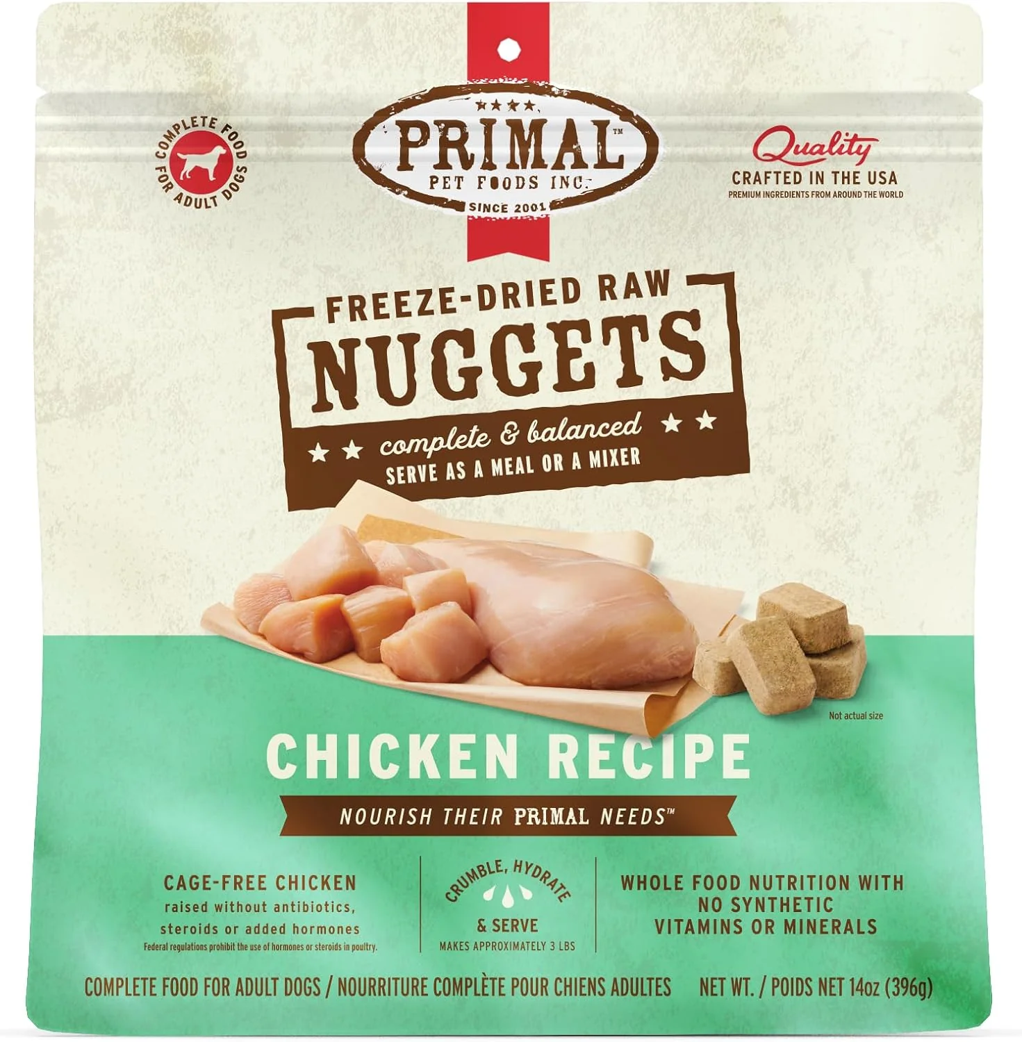 Authentic Primal ze Dried Dog Food Nuggets Chicken Complete Balanced Meal Topper or Treat Premium Healthy Grain High Protein Raw Dog Food 14 oz Original