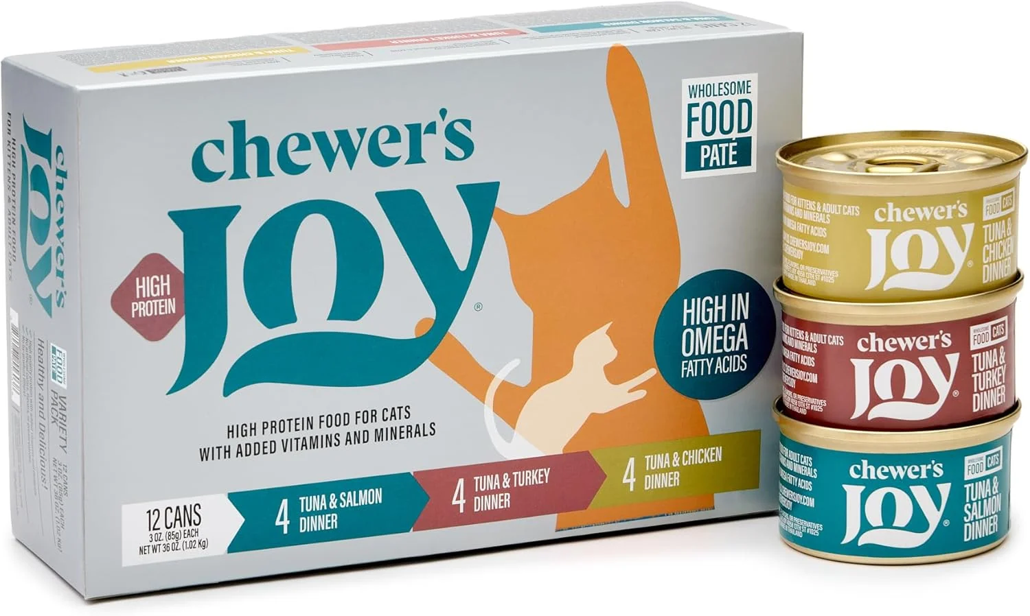 Convenient Chewer's Joy Wet Cat Food Variety Pack – 3 Flavors Tuna Salmon Chicken Turkey – Natural Pâté – High Protein – Grain – Complete Balanced Nutrition – 12 Cans 3 oz Prestigious