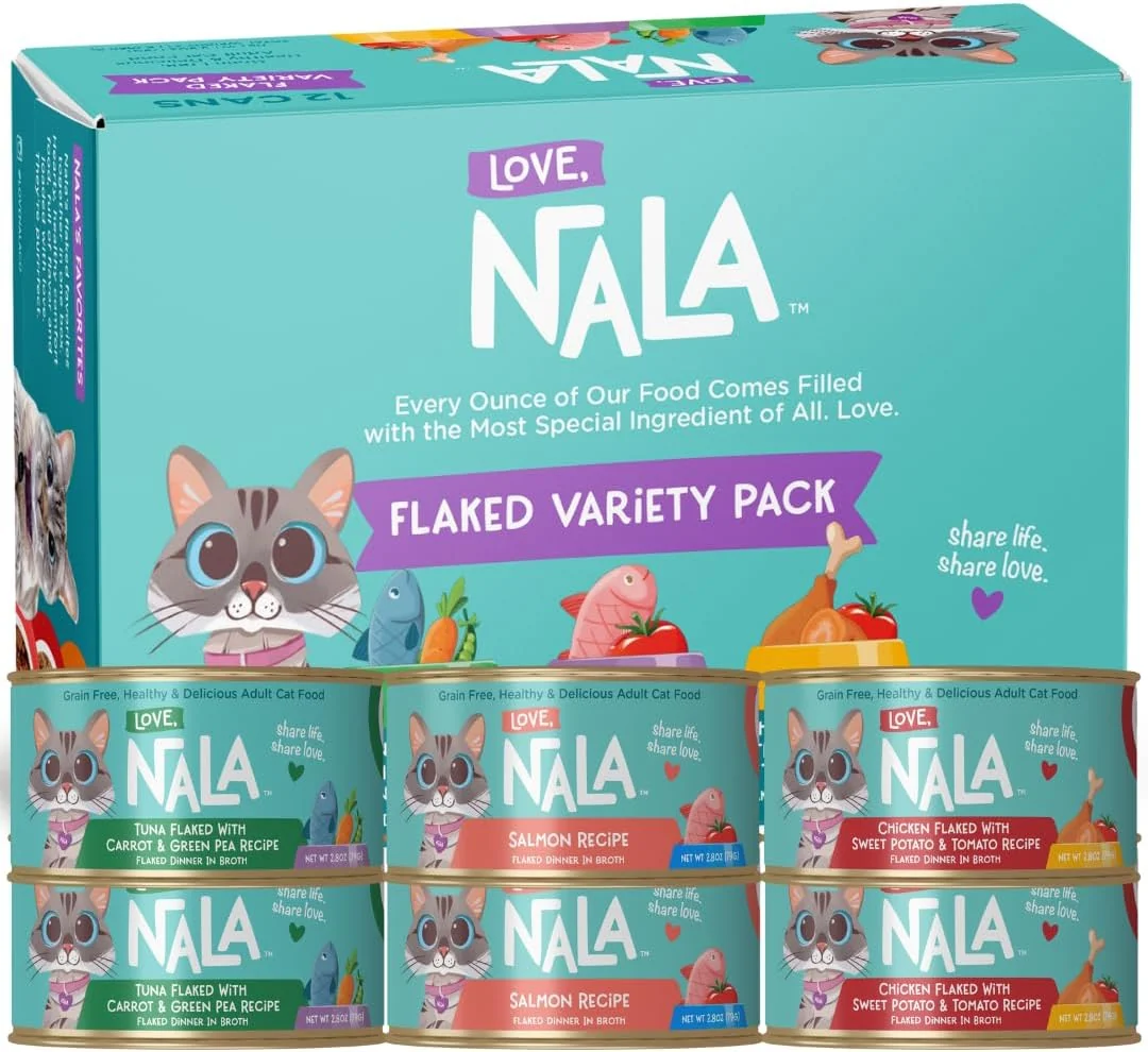Reusable LOVE NALA - Natural Adult Cat Wet Food - FLAKED Variety Pack - Salmon Tuna Chicken - Grain Non-GMO Lean Protein Omega 3 Digestive Fiber Blend Added Minerals Vitamins - 12 Pack Genuine