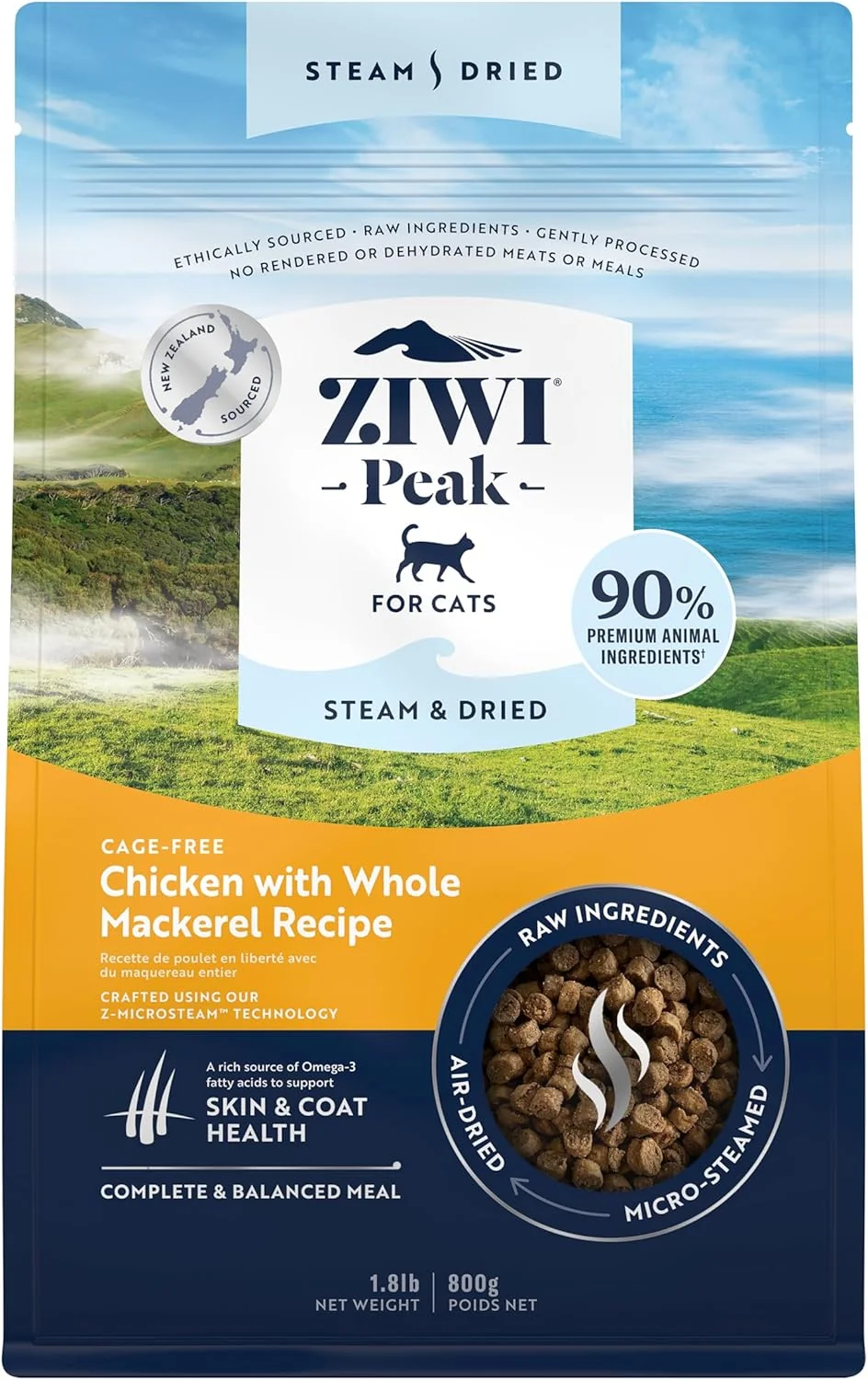 Sustainable ZIWI Peak Steam Dried Cat Food – Cage- Chicken w Whole Mackerel - High Protein Skin Coat Health Low Carb for All Life Stages 28.8oz Fine