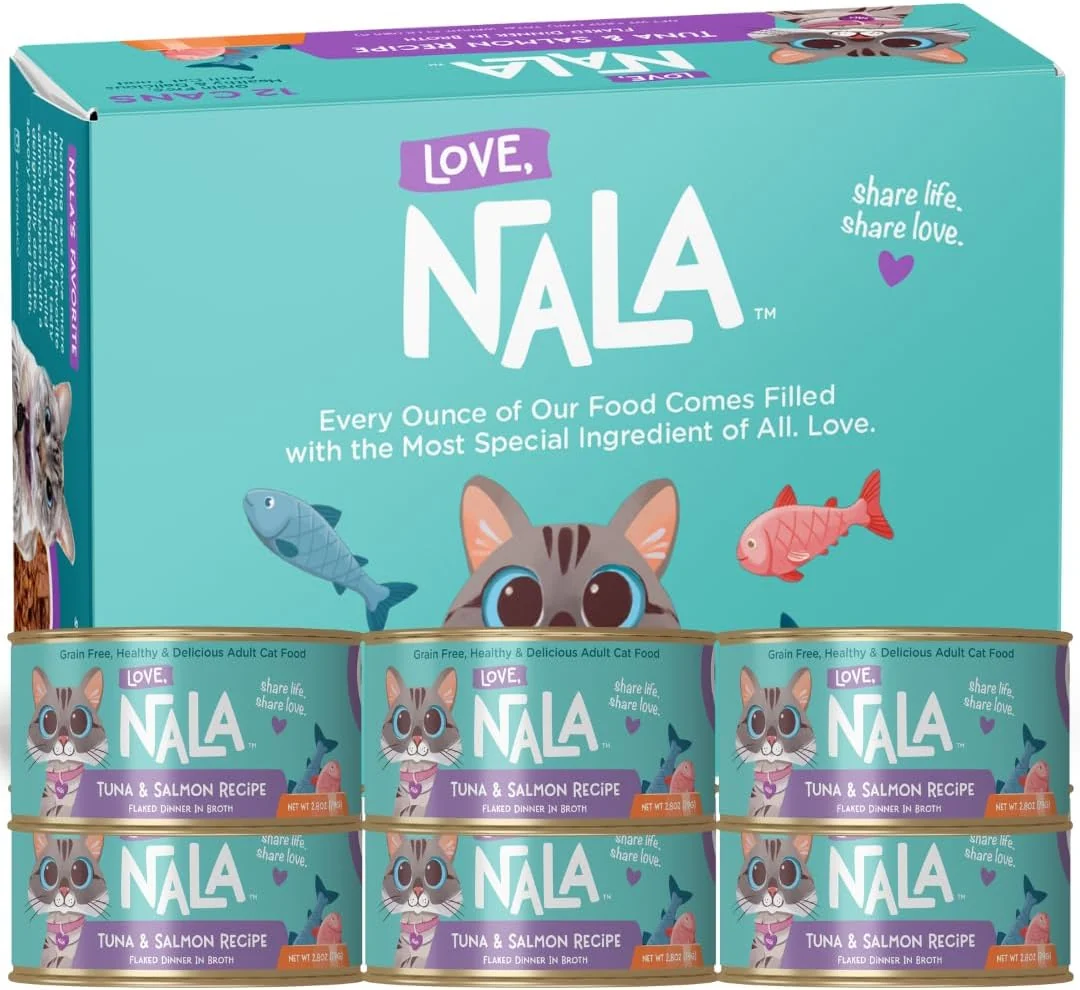 Certified LOVE NALA - Natural Adult Cat Wet Food - FLAKED Tuna and Salmon in Broth- Grain Non-GMO Lean Protein Omega 3 Added Minerals Vitamins - 12 Pack 2.4 lbs. Powerful