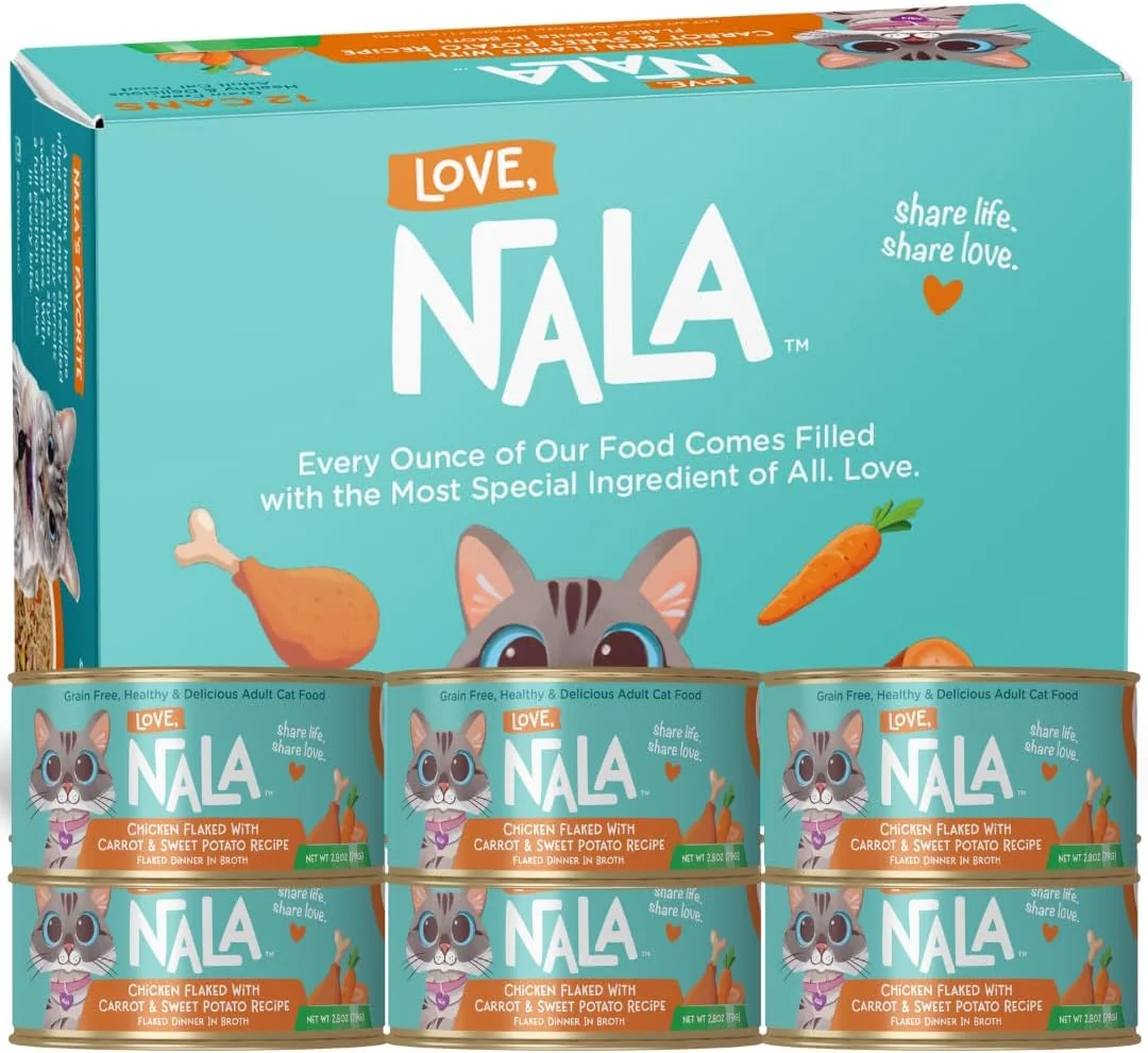 Superior LOVE NALA - Natural Adult Cat Wet Food - FLAKED Chicken with Carrot Sweet Potato in Broth - Grain Non-GMO Lean Protein Digestive Fiber Blend Added Minerals Vitamins - 12 Pack 2.4 lbs. Enhanced