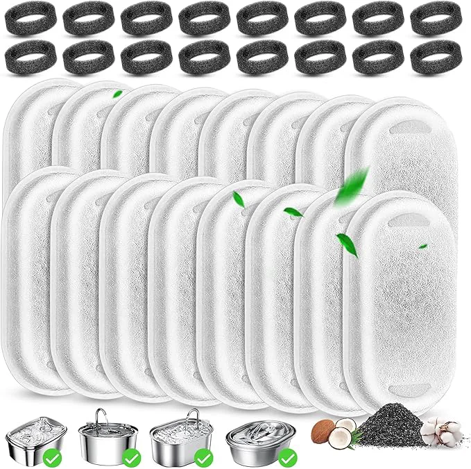 Authentic Cat Water Fountain Filters 16 Pcs Pet Water Fountain Filter with 16 Pcs Foam Sponges for 67oz 2L 108oz 3.2L Stainless Steel Pet Cat Water Fountain Dispenser FiltersAbout ThisOverview Natural