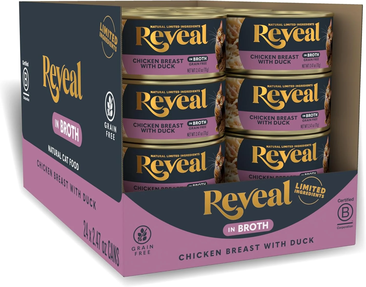 Trendy Reveal Natural Wet Cat Food 24 Count Grain Limited Ingredient Canned Food for Cats Chicken Breast with Duck in Broth 2.47 oz Cans Clean