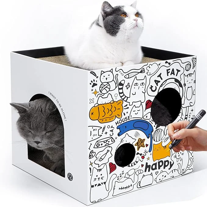 Carefully Designed Cardboard Cat House with 2 Story Scratch Pads - Cat Play House for Indoor Cats - Corrugated Scratcher Box - Hideout for Small AnimalsAbout ThisOverview User-Friendly