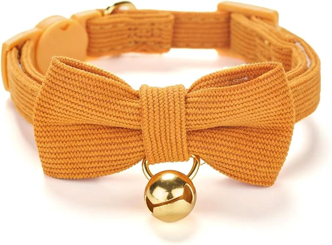 Unique Soft Corduroy Cat Collar with Bell and Bowtie Safety Breakaway Clasp Detailed
