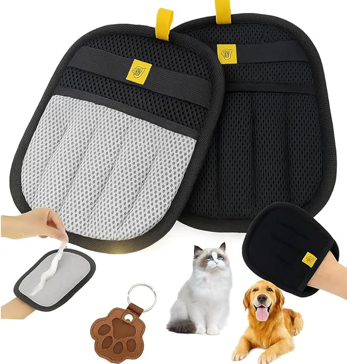Detailed Pet Hair Removal Gloves Grey Black 2 Pc – Reusable 5-Finger Electrostatic Fur Remover for Cats Dogs – Washable Short Hair Dog Shedding Gloves for Car Seats BlanketsAbout This Elite