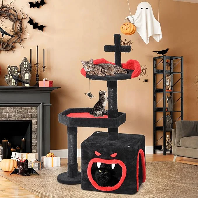 World-Class YITAHOME 4-in-1 Gothic Cat Tree with Coffin Bed for Indoor Cats 38.6 in Small Cat Tower with Scratching Post Modern Activity House Condo with Cradle Kittens Cave Black RedAbout ThisOverview Easy-to-Use
