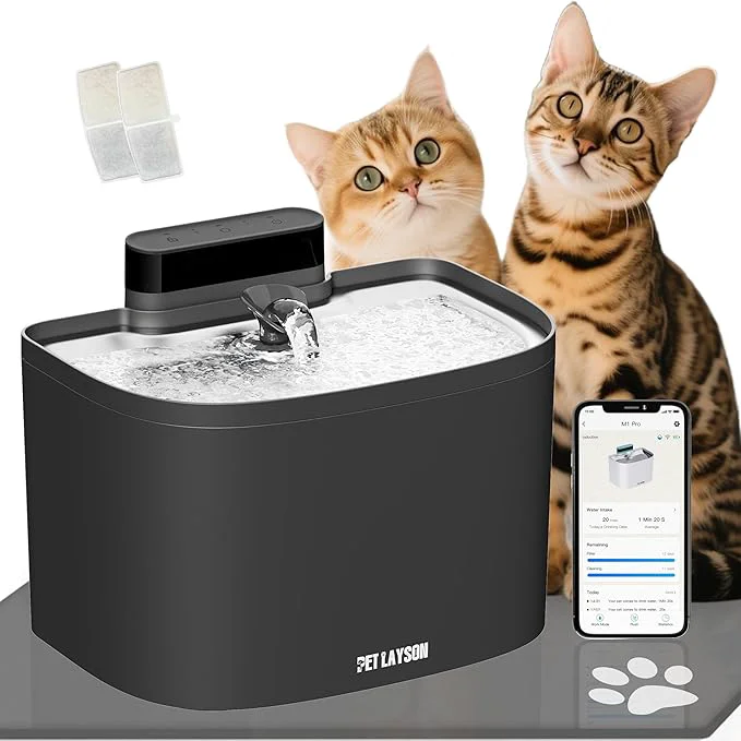 Innovative PET LAYSON Pumpless Cat Water Fountain App Remote Control Smart Cordless Battery Operated 3.6L 122oz Wireless 2.4GHz Wi-Fi Networks Rechargeable Water Dispenser Black M1Pro-2 Filter About ThisOverview Soft