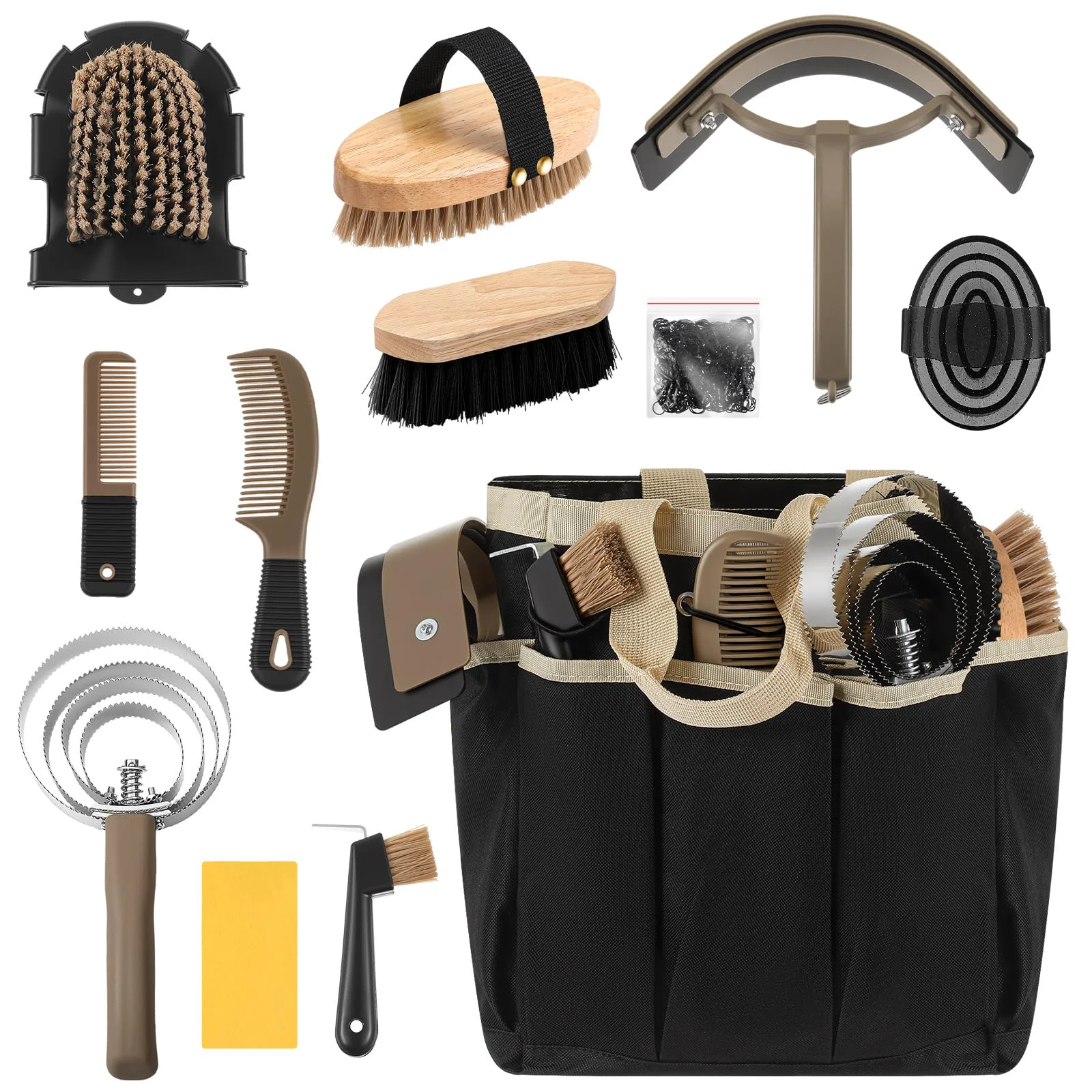 Enhanced Abbylike 12-Piece Horse Grooming Kit with Khaki Organizer Tote Bag Trendy