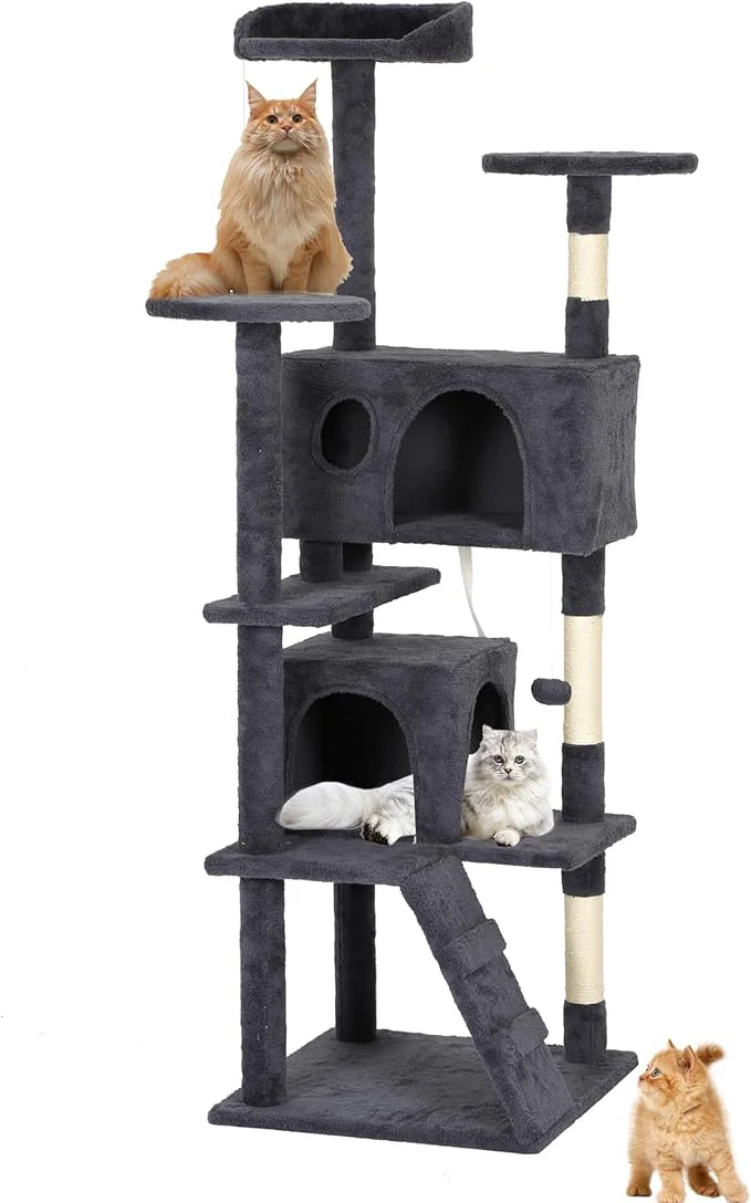 Traditional Pet 62 Cat Tree Tower Dark Gray Sturdy Easy to Assemble Multi-Level Activity Center with Sisal Scratching Posts Condos Perches Hanging Cat Toys Observation Decks LadderAbout ThisOverview Relaxed