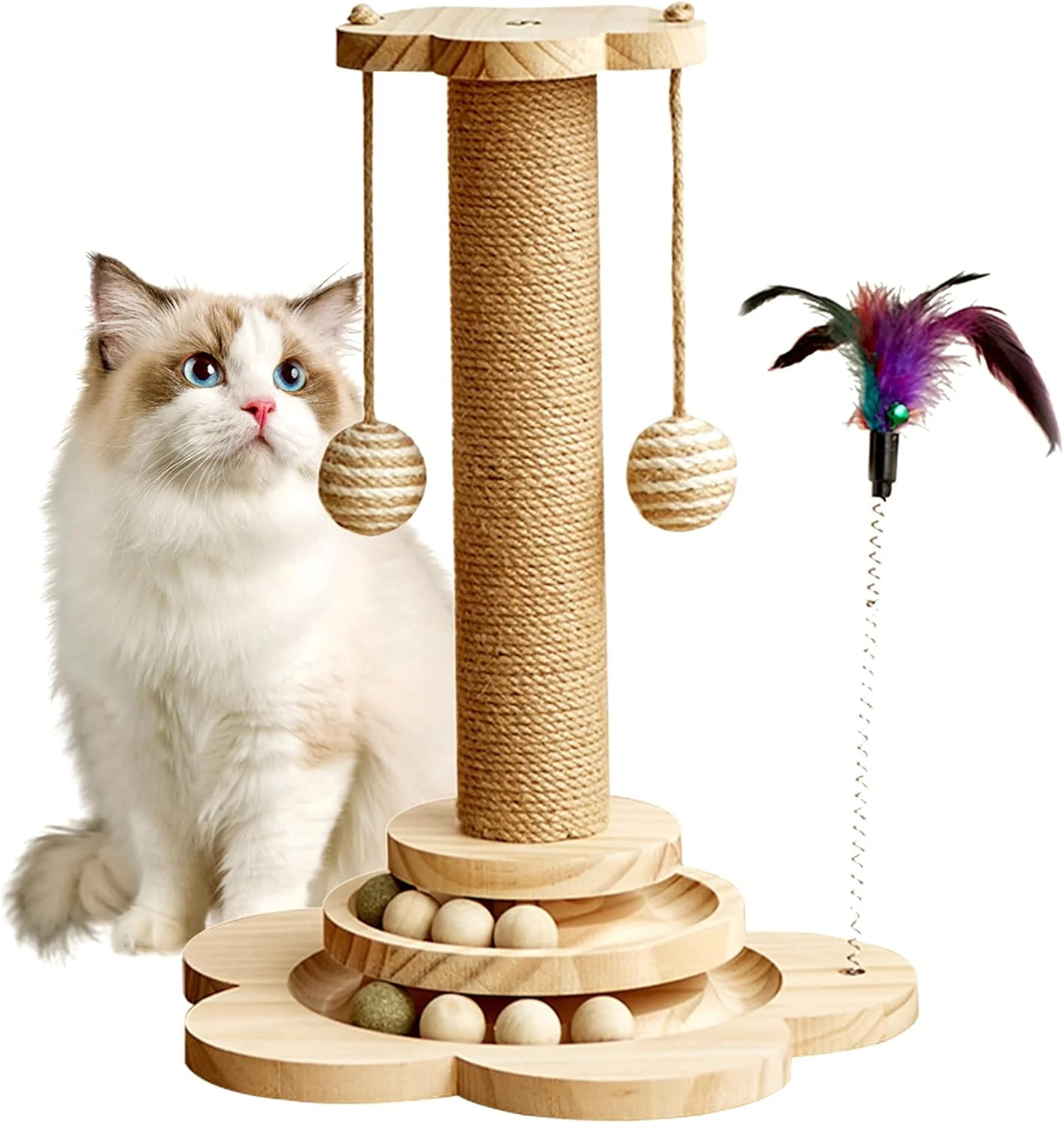 Trendy Cat Scratching Post 4 in 1 Wooden Cat Scratcher Toy 17.7 Tall Scratch Post with 2 Level Cat Track Balls Interactive Feather Toy and 2 Sisal Hanging Balls for Indoor Kittens Adult Cats Luxury