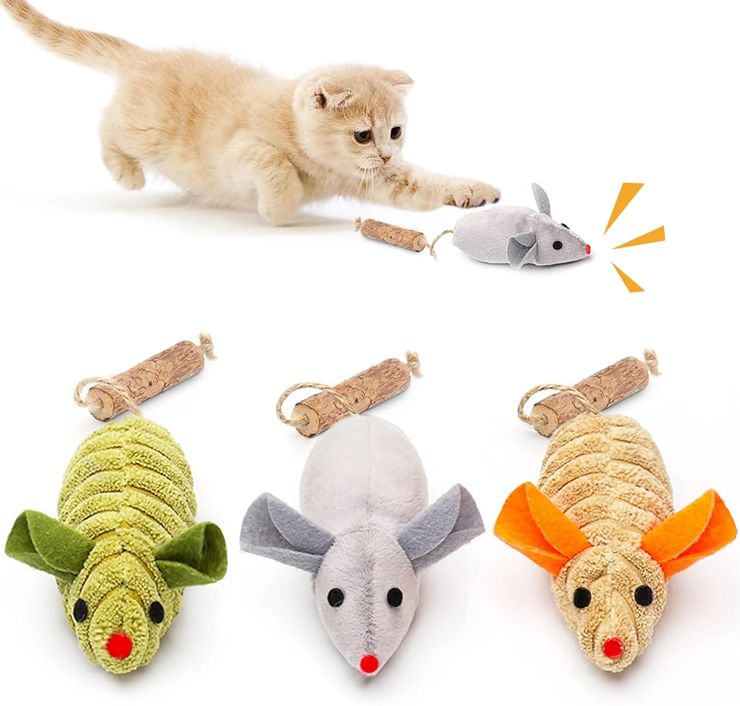 World-Class Potaroma Cat Toys 3pcs Squeak Mice Interactive Catnip Silvervine Animals for Indoor Kittens - Dental Matatabi Cat Nip Chew Exercise Toy for All Breeds Species Recyclable