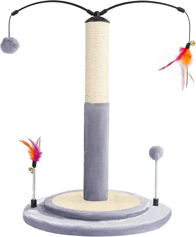 Unique YUNIQUE Cat Scratching Post with Sisal Rope Small Cat Tree with Dangling Balls Feather for Kittens Grey 22.8'' About ThisOverview Verified