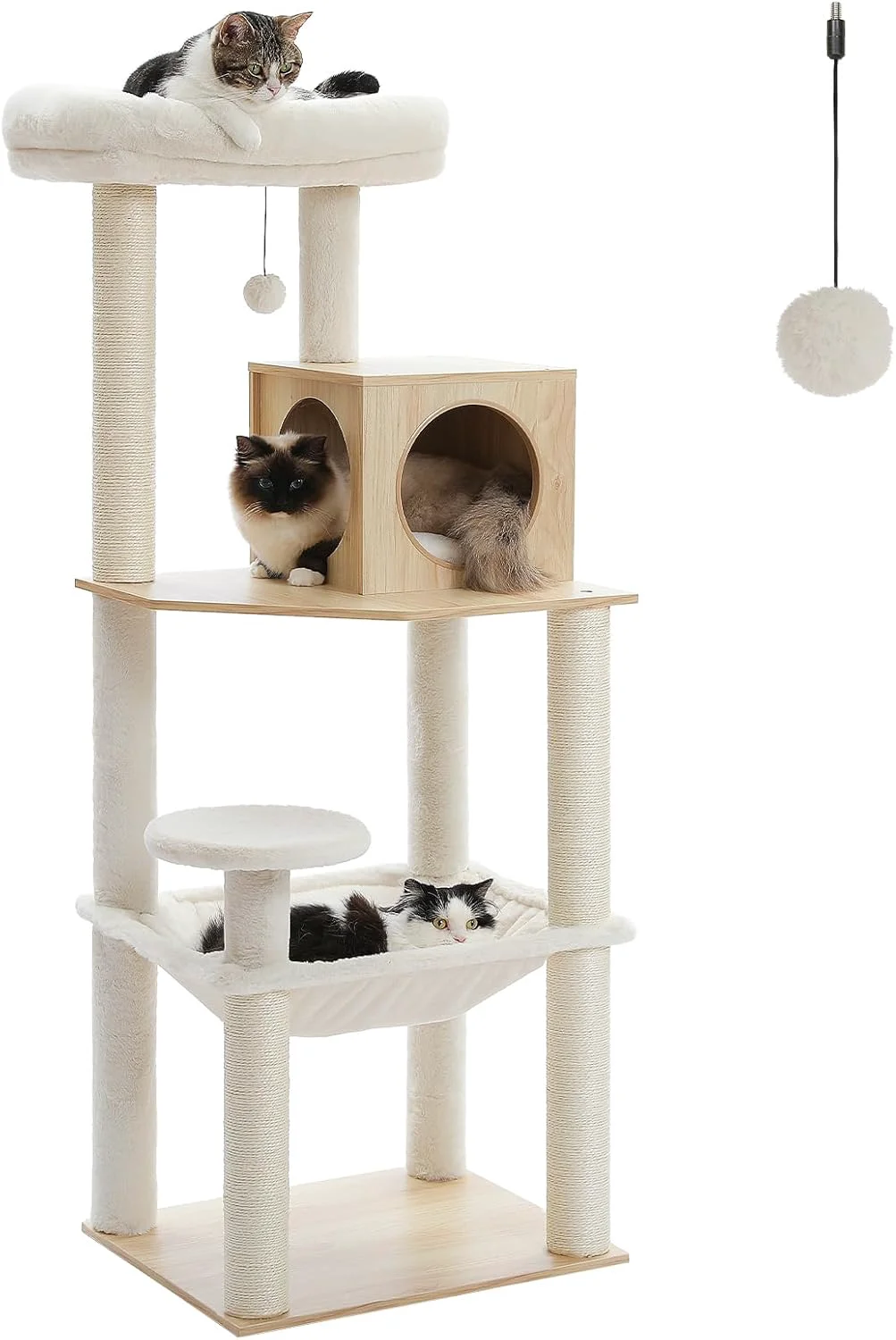 Professional PETEPELA Wood Cat Tree for Indoor Cats Multi-Level Tower with Sisal Covered Scratching Posts Cozy Condo Super Large Hammock and Plush Perches Faux Rabbit Milk Fur Beige Rabbit Fur Wood Beige Outstanding
