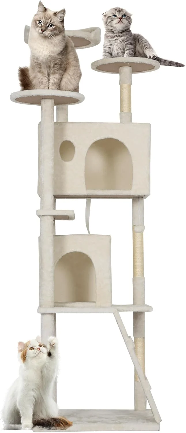Casual FDW Cat Tree Tower 81in Multi-Level Durable Cat Scratching Post Cozy Fun Jumping Platform Space Saving Condo Pet Play House for Indoor Cats Beige Minimalist