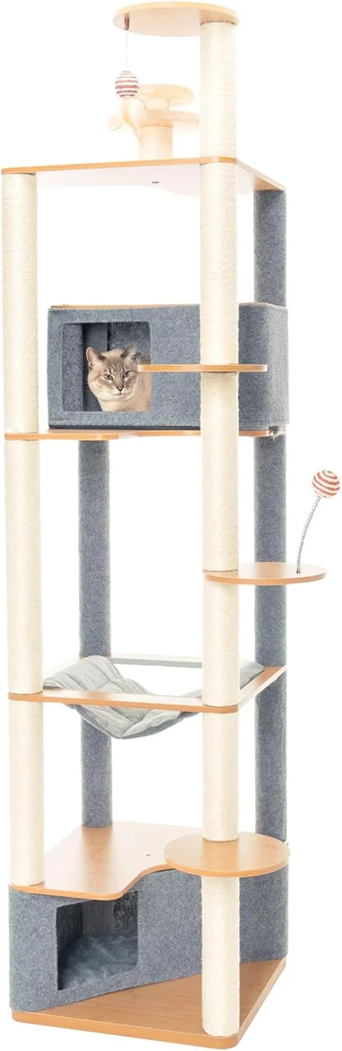 Traditional Ascentials - Grand Suite Cat Scratcher Playground - Tall Cat Tower Playground Structure Sisal Scratching Areas Grey Felt Bamboo Veneer w Linen Velvet Surface Areas Certified