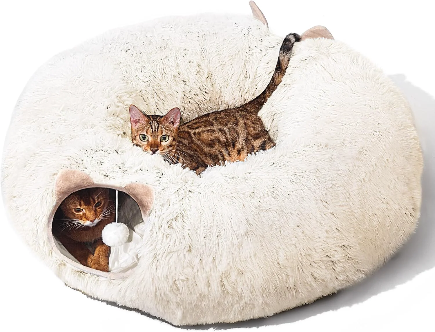 Verified Cat Tunnel with Cat Bed for Indoor Cats Soft Plush Peekaboo Cat Cave Donut Tunnel Multifunctional Playground Toys Hideplace for Small Medium Large Kittens Rabbit Ferret Cream White Reusable
