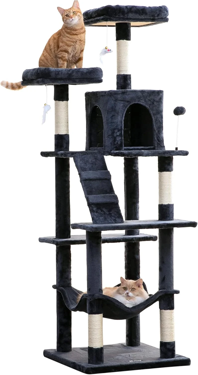 Versatile MWPO 70.1-Inch Large Cat Tree Multi-Level Tall Cat Tower for Indoor Cats Plush Cat Condo with Big Padded Perches Sisal-Covered Scratching Posts Hammock Toys for Kittens Cats - Smoky Grey Healthy