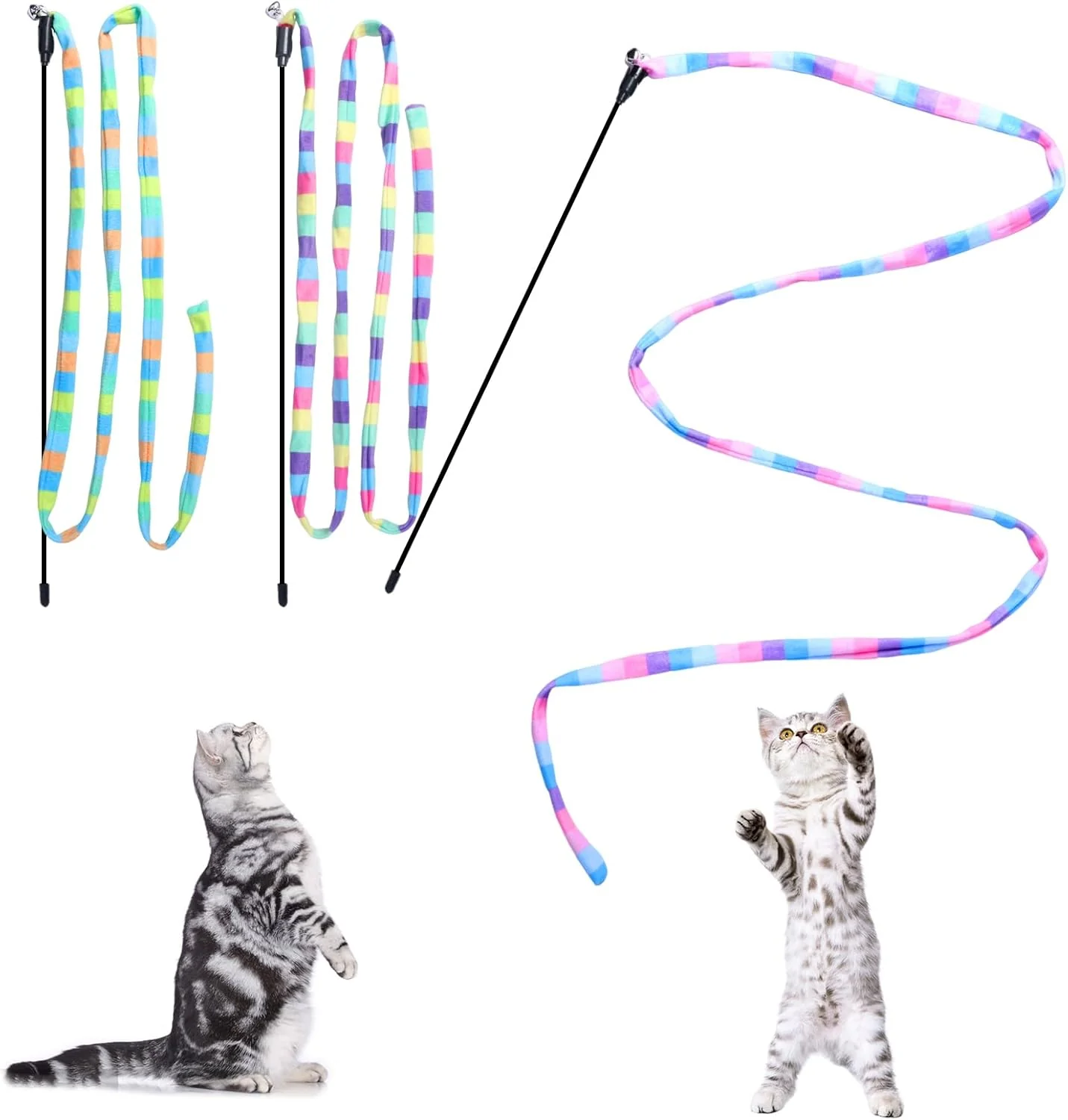 Breathable Cat Wand Toys Interactive Kitten Toys Cat Teaser Wand String Feather for Indoor Colorful Ribbon Wands Stick Toy Cat Charmer-3 Packs Versatile