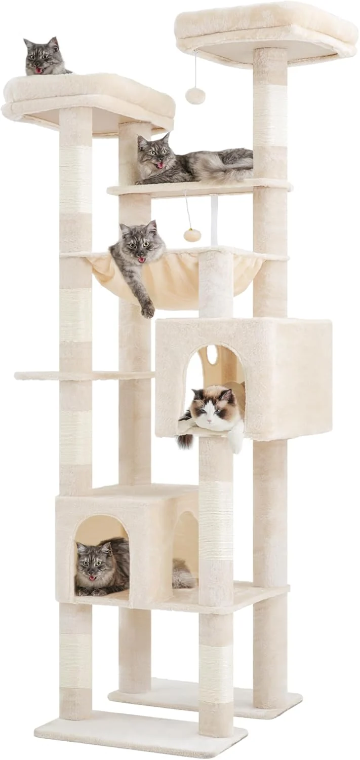 Versatile Hey-brother Tall Cat Tree Tower Heavy Duty Scratching Posts with Large Platforms Cozy Condos Big Hammock Toy Balls Multi-Level Furniture for Indoor Adult Cats 80.7 Inches Beige MPJ039M Elegant