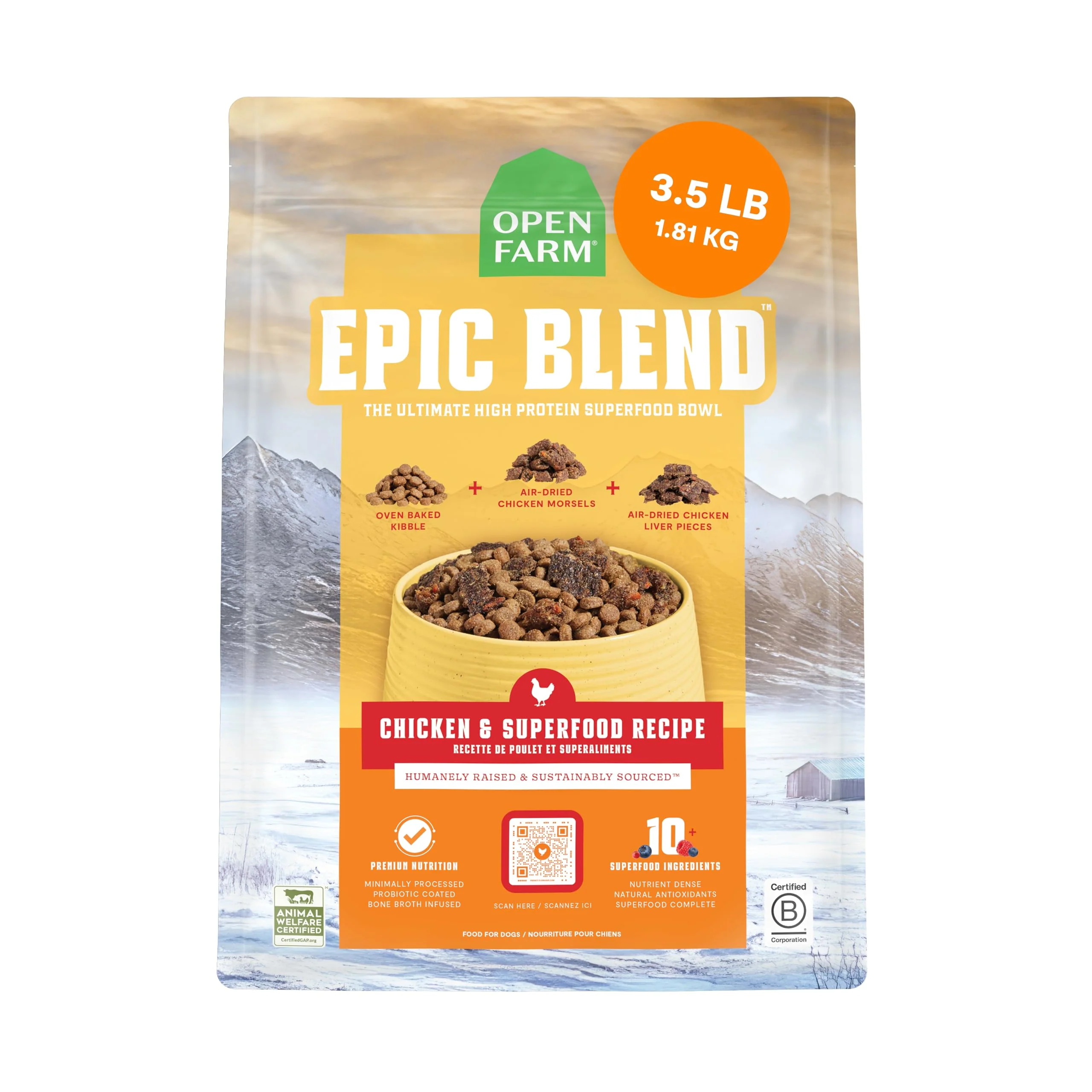 Unique Open Farm Epic Blend High Protein Dog Food — Probiotic Coated Bone Broth Infused Kibble Chicken Superfoods 3.5lb High-Quality