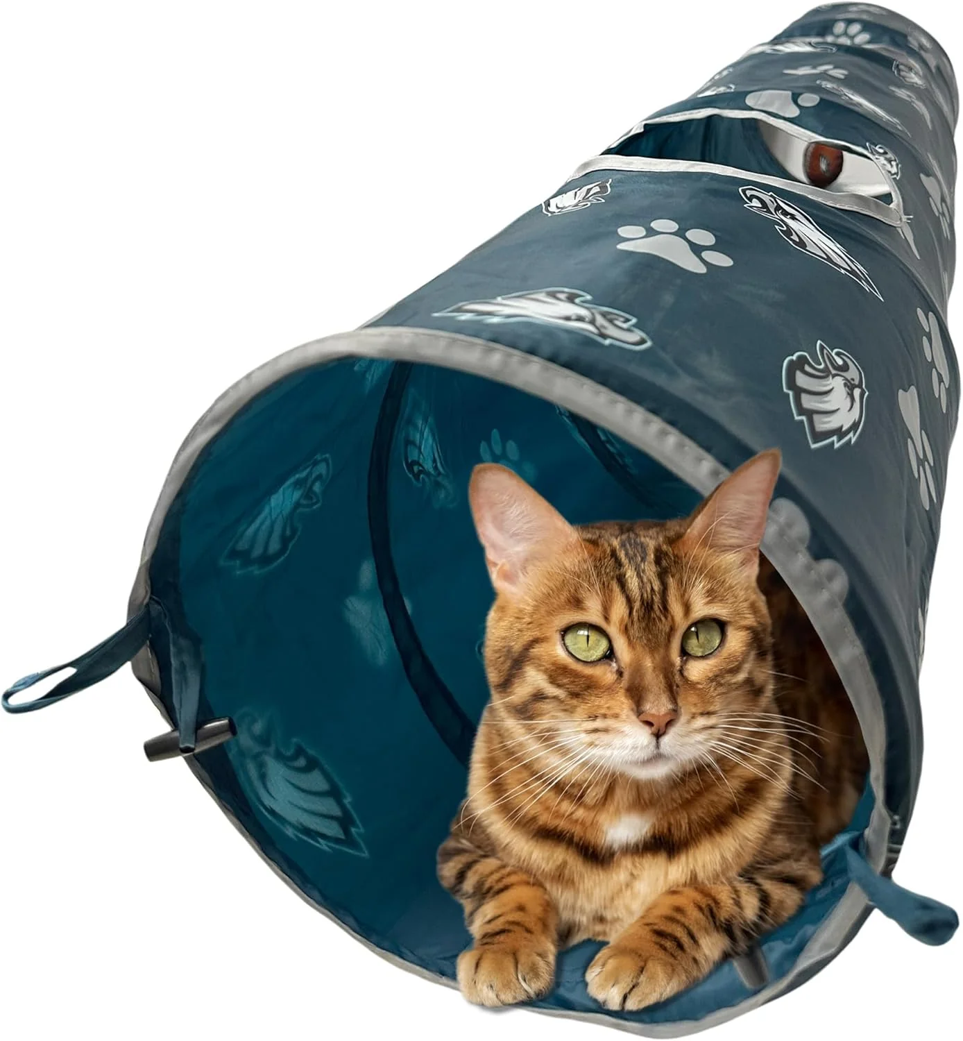 Versatile NFL Philadelphia Eagles Cat Tunnel Tube Toy with Plush Football Catnip and Feathers Collapsible Tunnel for Cats to Play Peek and Hide Sporty Fun Cat Tunnel Toy with Team Logo All-Over Design Durable