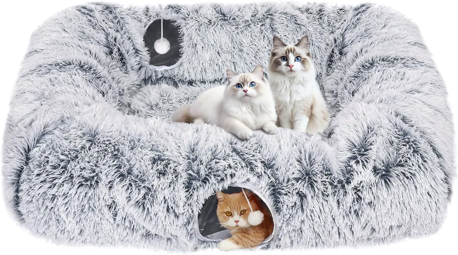 Carefully Designed Extra Large Cat Tunnel Bed 4 Ways Tunnels for Indoor Cats Multi-cat Family Peekaboo Cave Cat Bed Plush Cat Donut with Washable Middle Mat Exit Balls Pet Play Toy for Kitten Puppy Rabbit Proven