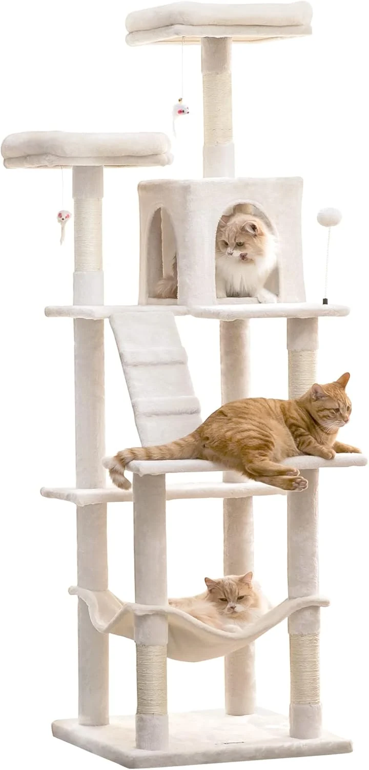 User-Friendly MWPO 70.1-Inch Large Cat Tree Multi-Level Tall Cat Tower for Indoor Cats Plush Cat Condo with Big Padded Perches Sisal-Covered Scratching Posts Hammock Toys for Kittens Cats - Beige Advanced
