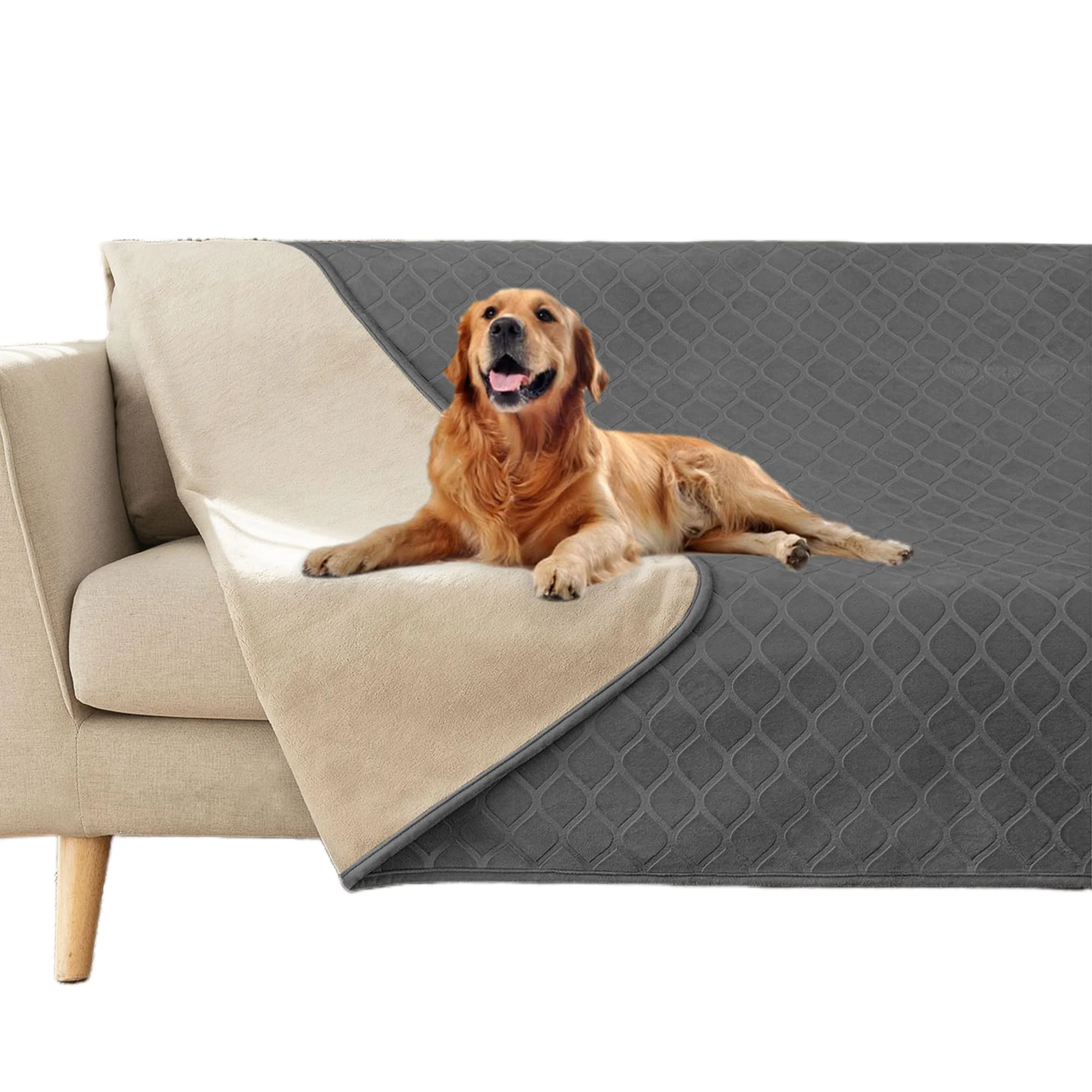 High-Grade Fuguitex Waterproof Dog Blanket Bed Cover - Reversible Plush Velvet 68x82 in Dark Grey Beige Official