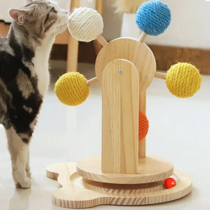 Advanced Solid Wood Turntable Toy Ball Track Interactive cat Toy with Colourful Sisal Balls Ferris Wheel Cat Toy with Rotating Platform and Durable Balls for Indoor catAbout This Practical