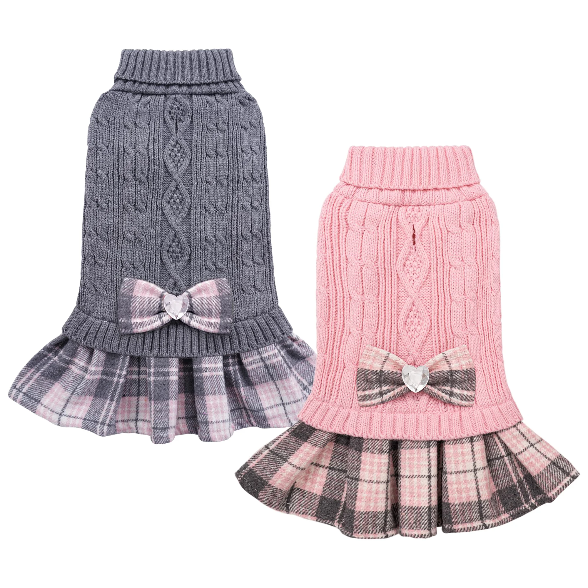 Selected YUDODO 2 Pack Small Dog Sweater Dress with Bowtie Turtleneck – Knit Winter Wear Grey Pink Exclusive