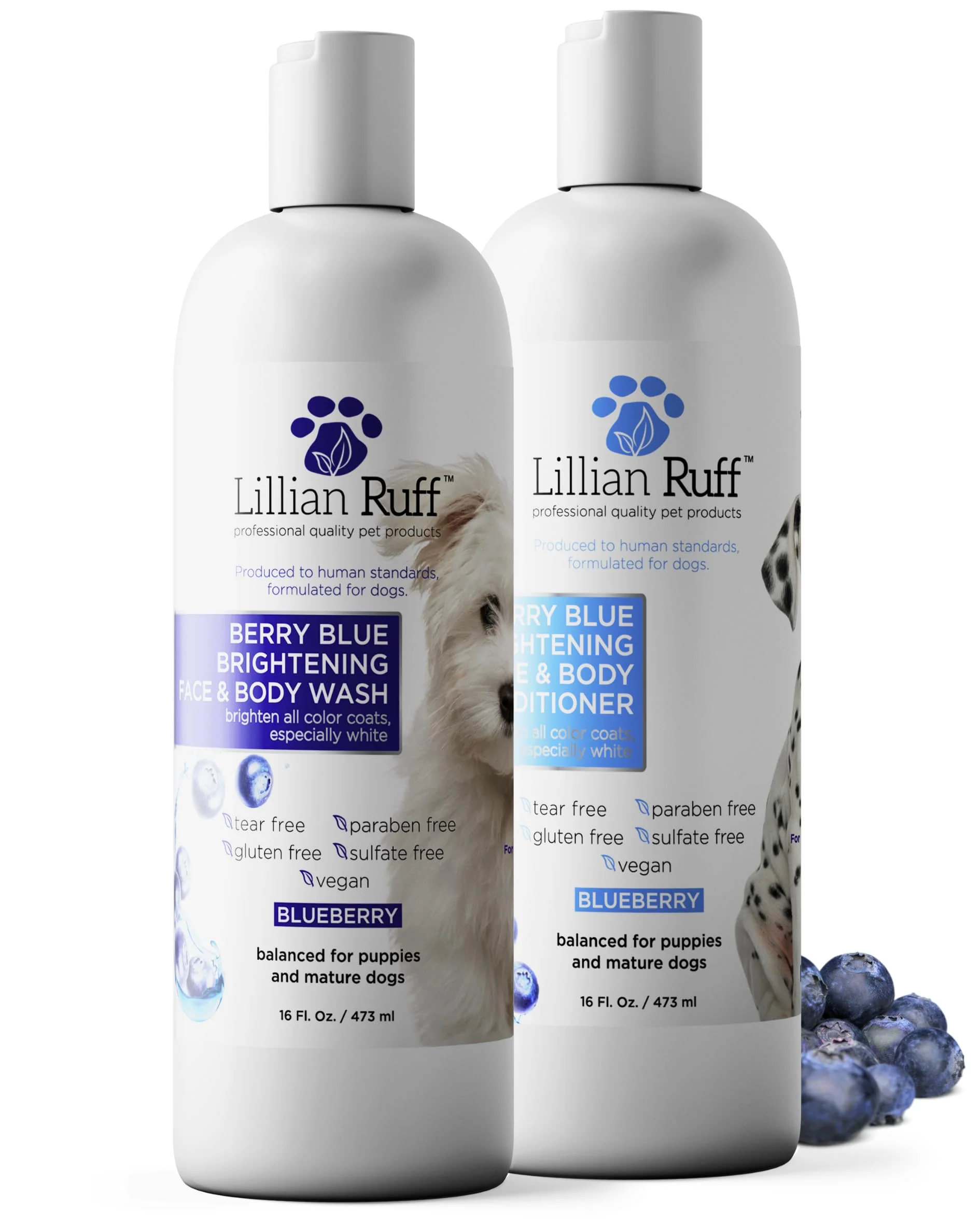 First-Class Lillian Ruff PRO Berry Blue Brightening Dog Shampoo Conditioner Set Whitening Hydration – USA Made Excellent