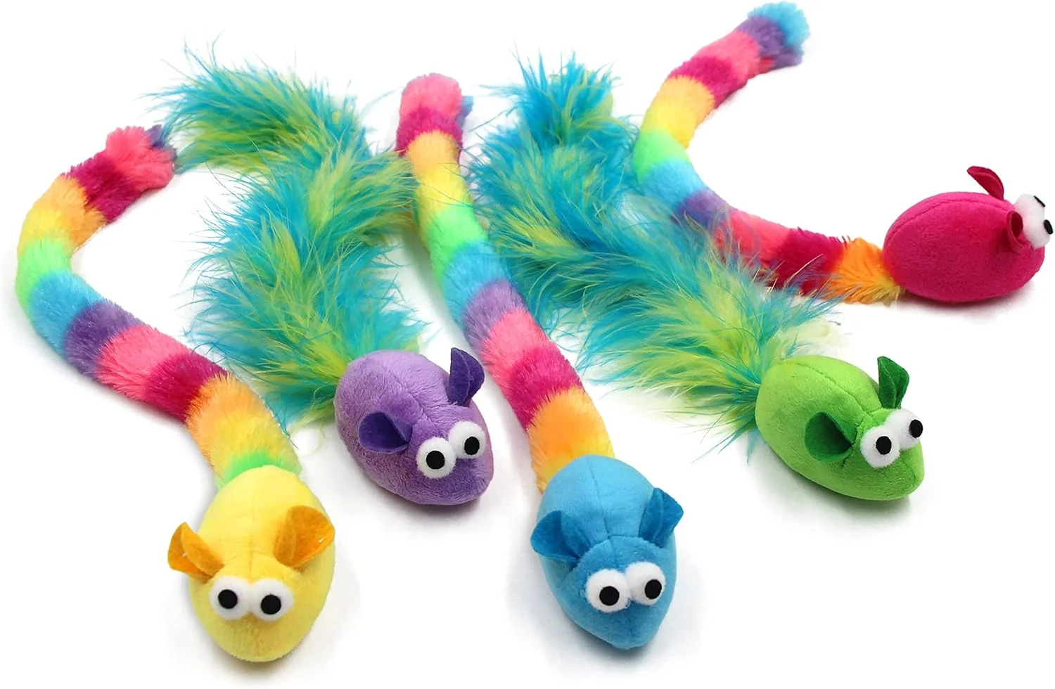 Classic 5 Pack Interactive Catnip and Feather Cat Toys Multi-Colored Mice with Long Feather Tail Accessories for Indoor Cat Catnip Plush Toys with Natural Feathers and Rattles Clean