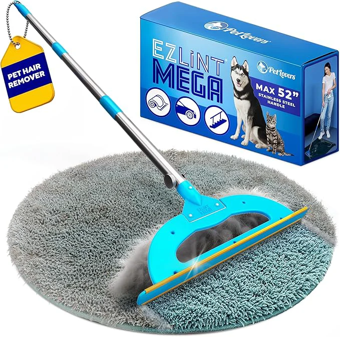 Specialty PetLovers EzLint Mega 52 Carpet Rake Pet Hair Removal Tool – Dog Cat Hair Remover Broom with Adjustable Handle Extra Wide Head for Carpets Rugs Stairs Ocean BlueAbout ThisOverview Sophisticated