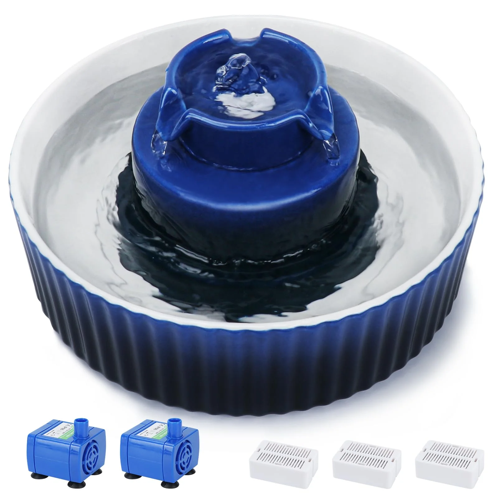 Trendy Lawfery Ceramic Cat Water Fountain 2.1L – Quiet Filtered Dark Blue Prestigious