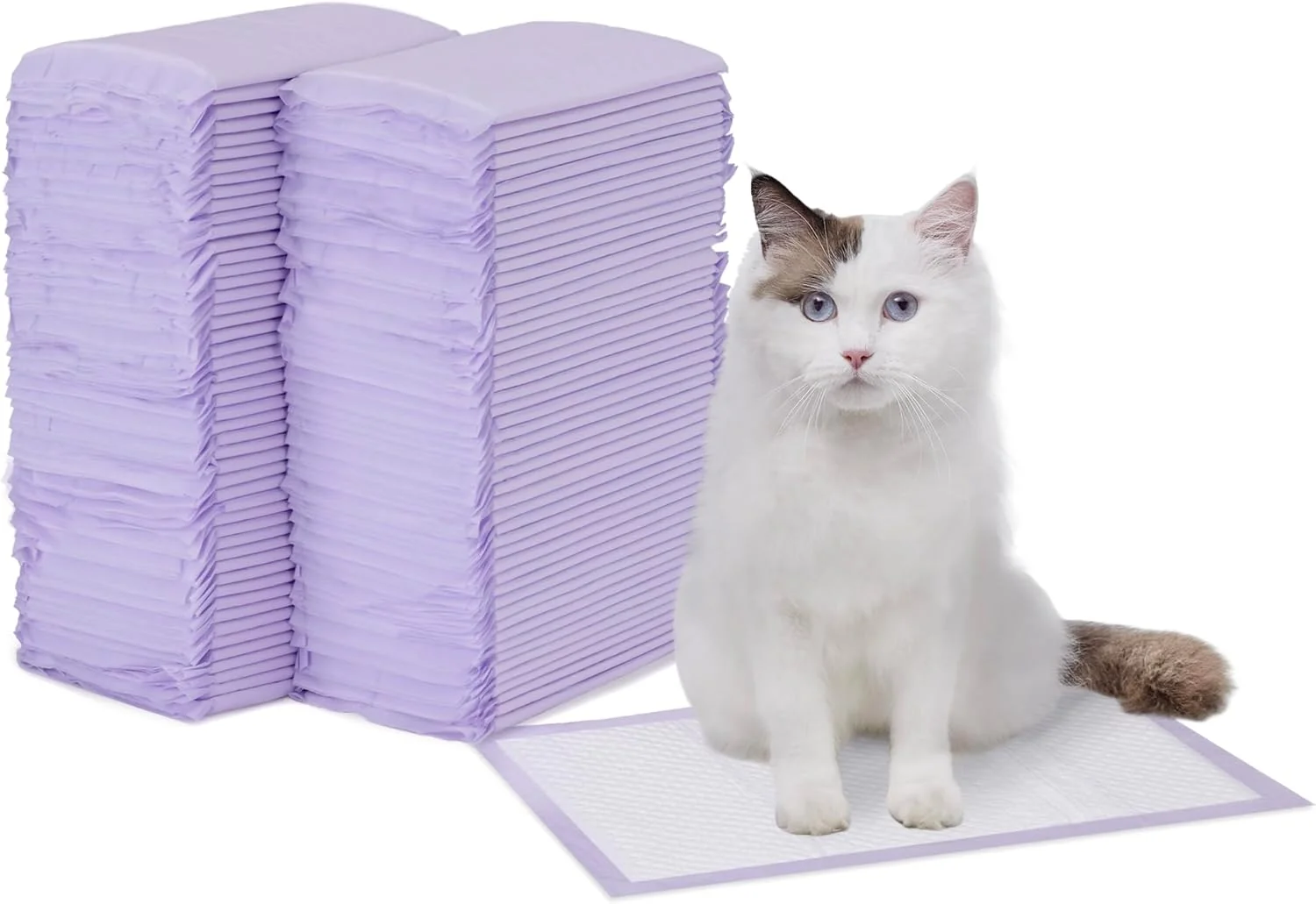 World-Class Amazon Basics Cat Pee Pads 100 Count Universal Fit for Litter Box Odor Control Unscented White Purple Flexible