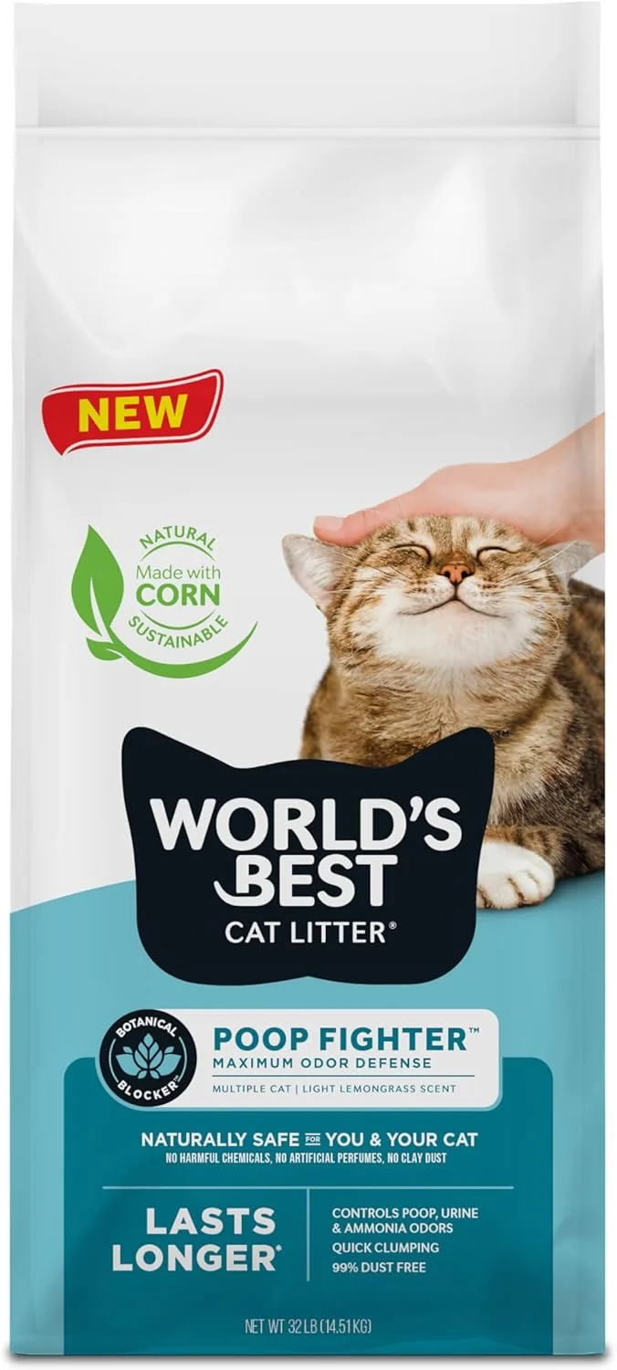 Unique CAT LITTER Poop Fighter Maximum Odor Defense 32-Pounds - Natural Ingredients Quick Clumping Flushable 99 Dust Made in USA - Long-Lasting Odor Control Easy Scooping Genuine