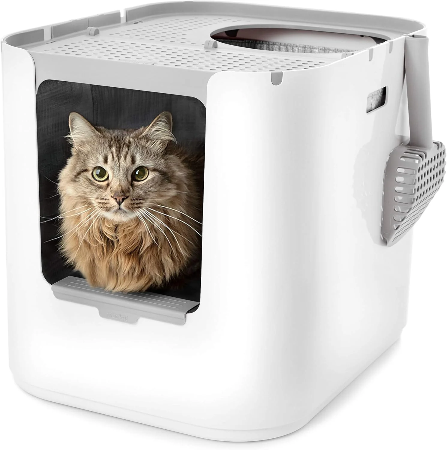 Carefully Designed Modkat® XL Litter Box Top or Front-Entry Configurable Full Height Seamless Base Reusable Litter Liners Sifting Litter Scoop 2X Bamboo Charcoal Filters - White Exceptional
