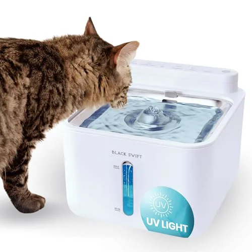 Verified BLACK SWIFT UV-C Clean Cat Water Fountain – 108 oz Stainless Steel BPA- Cordless with Quiet Pump 4-Stage Filter Refined