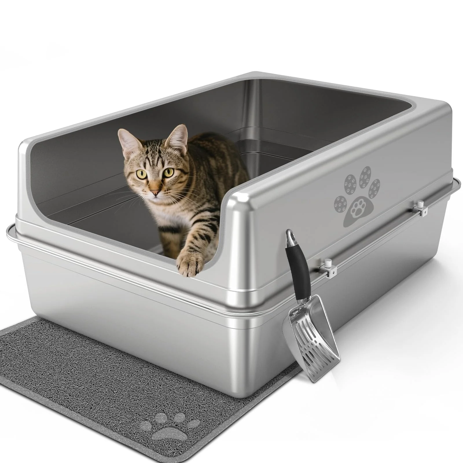 Casual PWTAA Enclosed XXL Stainless Steel Cat Litter Box with Lid Leakproof Easy Clean Powerful