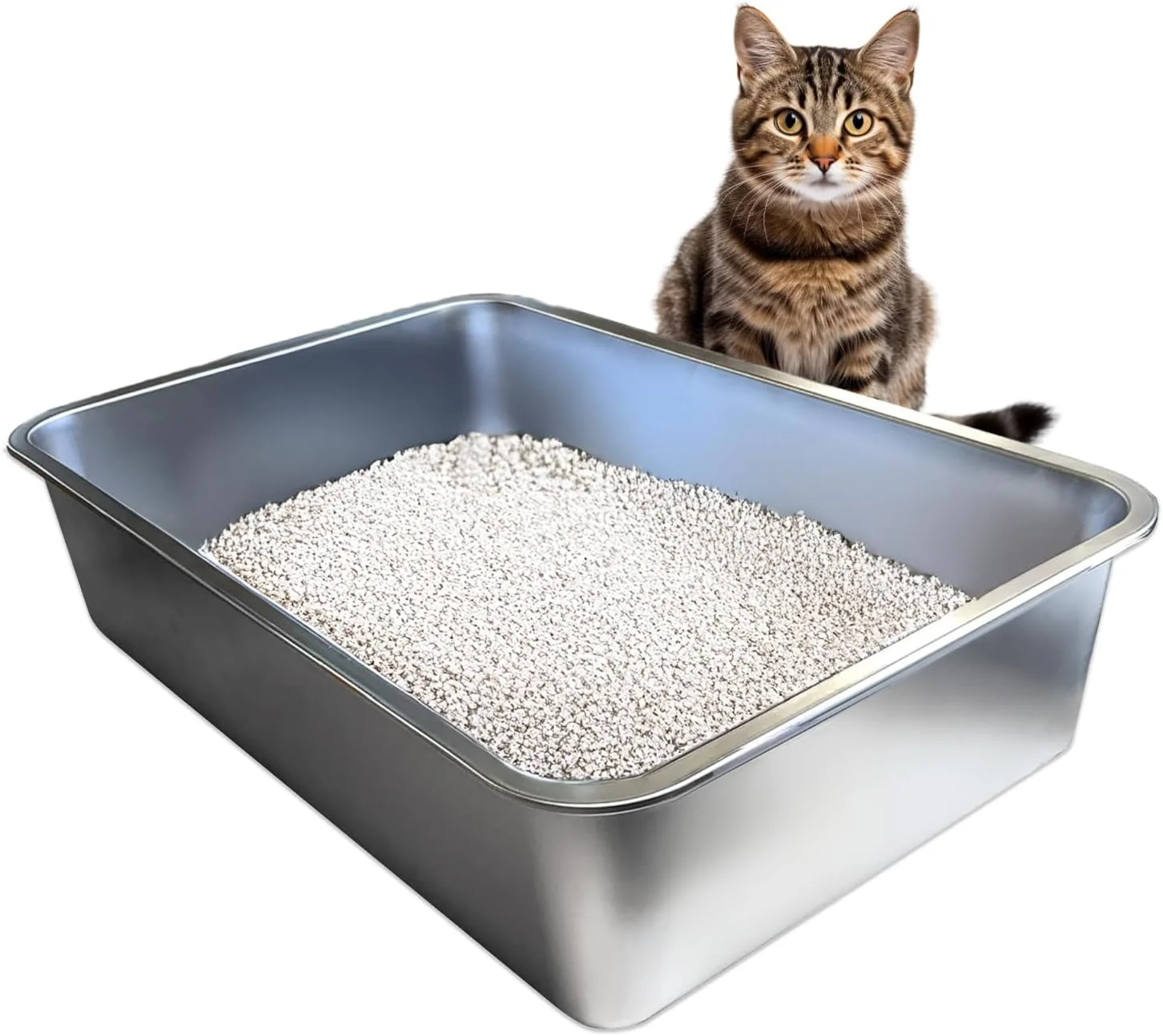 Fine iPrimio Stainless Steel Litter Box - No Stick Litter Pan for Cats - XL Cat Box with Teflon Coating - Absorbs Odor or Rust - Ergonomic Easy to Clean Durable Nonstick Spacious Pans Luxury