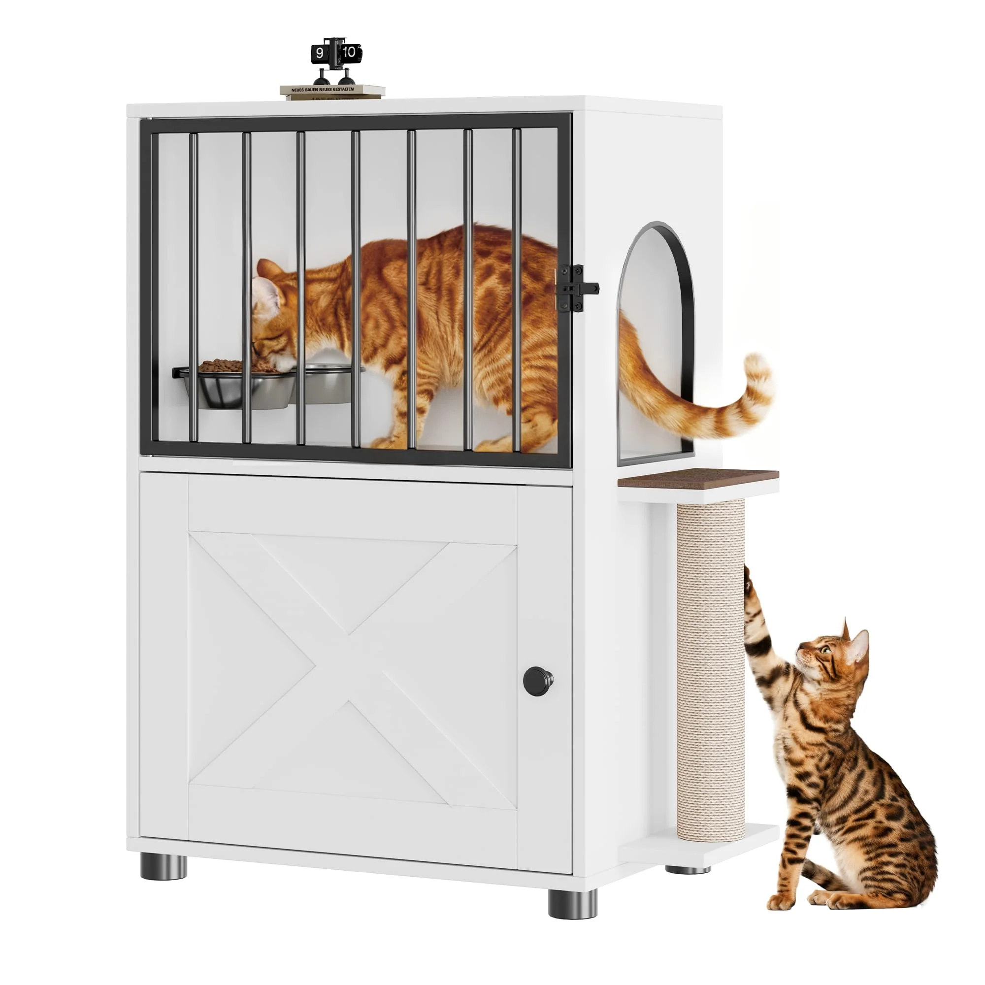 Trusted VKTO Cat Feeding Station — Dog-Proof d Bowls Scratching Post Space-Saving Cat Furniture White Fine