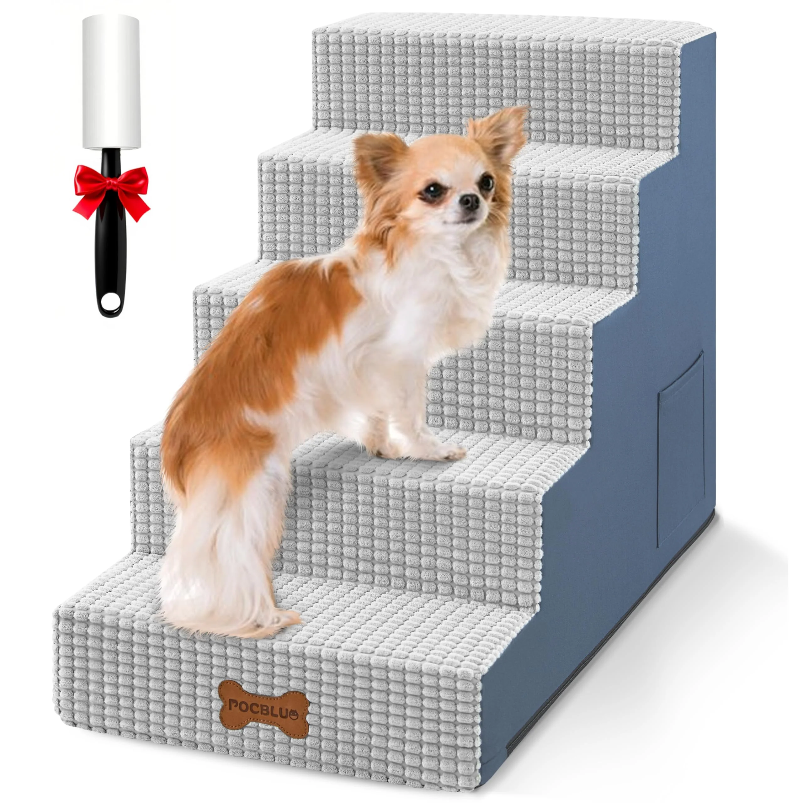 Smooth POCBLUE 22-inch 5-Step Dog Stairs for Small Dogs Cats – Non-Slip Washable Cover Grey High-Quality