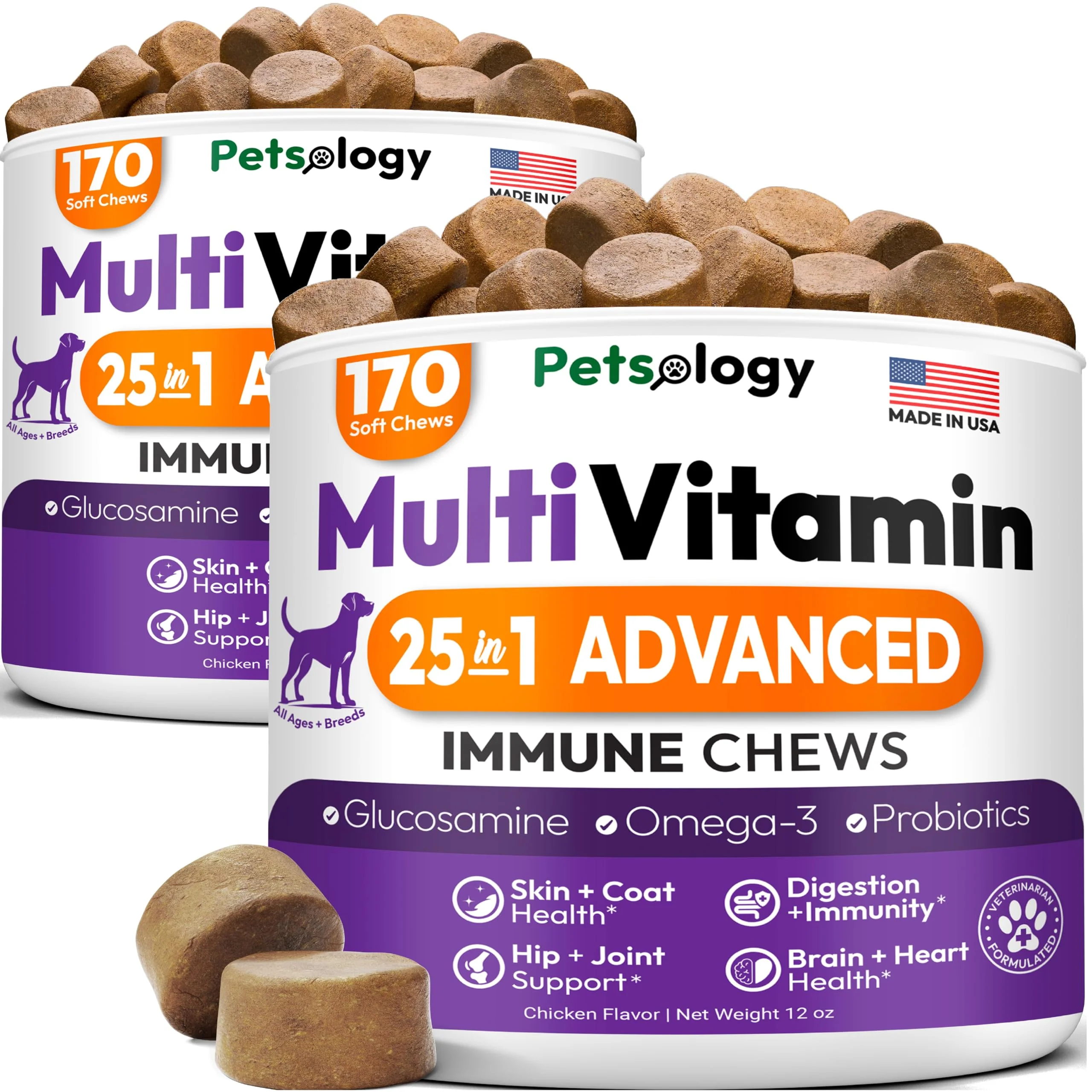 World-Class Petsology 2 Pack Dog Multivitamin Chewables – 340 Chews for Hip Joint Immunity Gut Heart Health Official