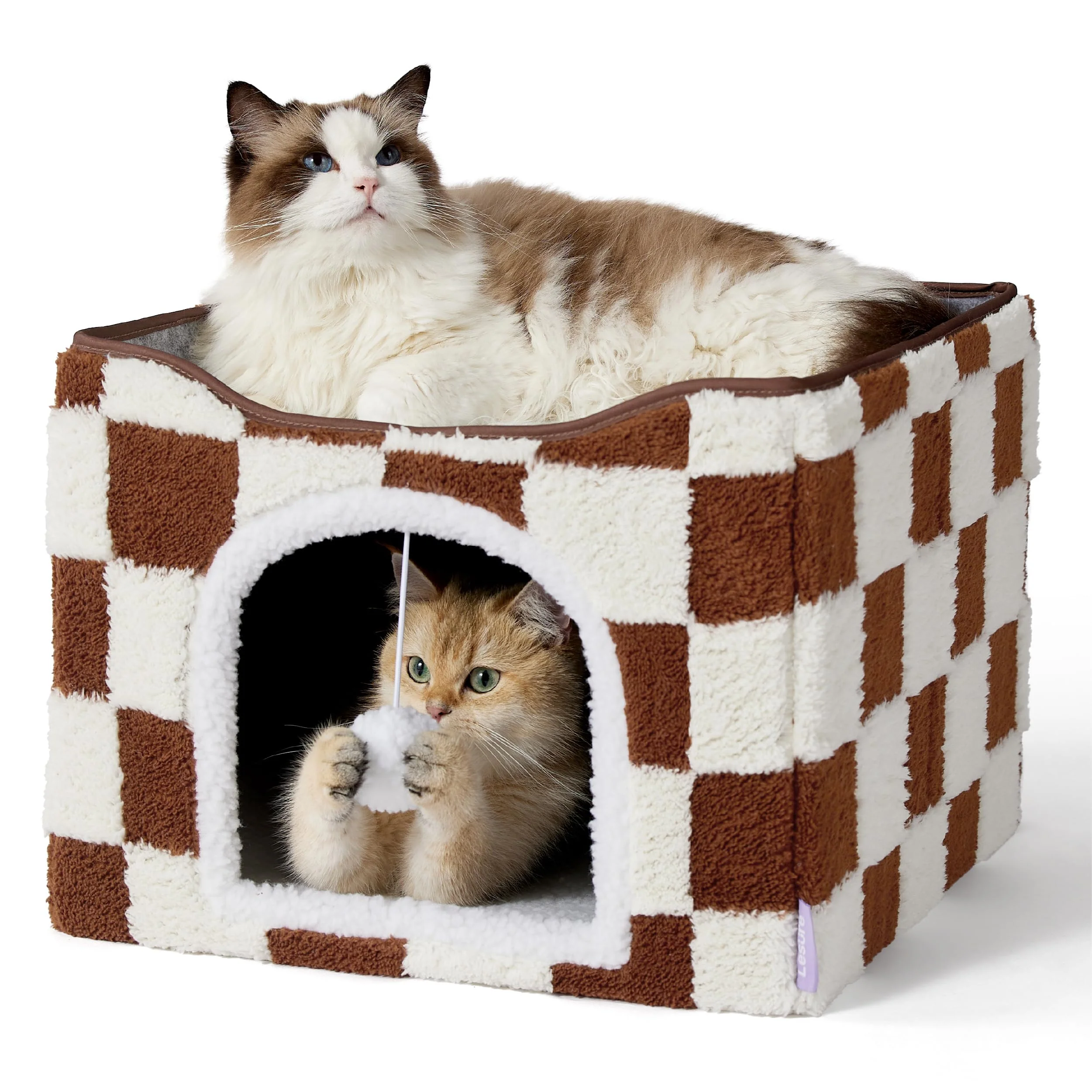 Advanced LE SURE Indoor Cat Beds Kitten House — Large Cat Cave with Fluffy Ball Hanging Foldable Hideaway 16.5x16.5x13 in Brown Checks Trendy