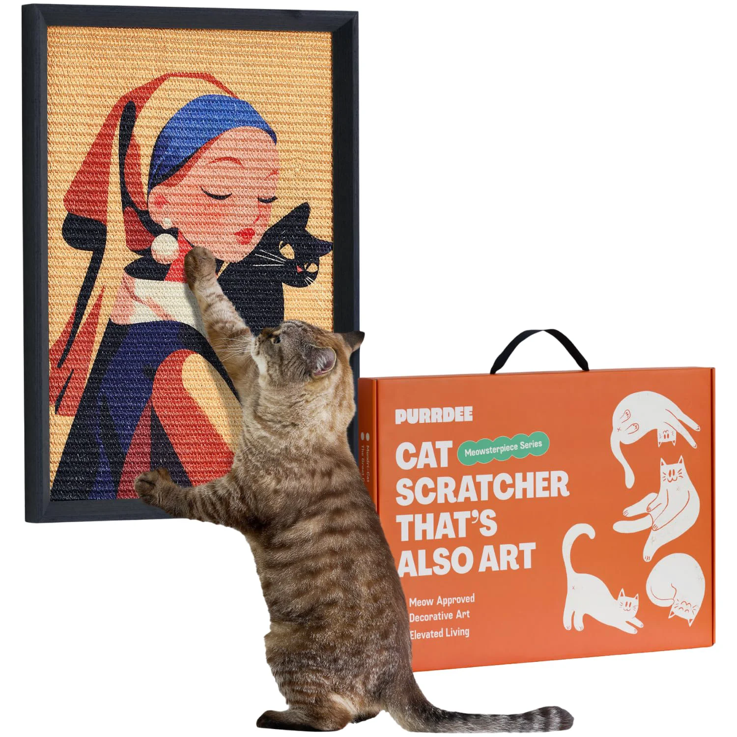 Smooth PURRDEE Decorative Wall Art Cat Scratcher – 14x20 Framed Sisal Scratch Pad Renter-Friendly No-Drill Wall Mount Official