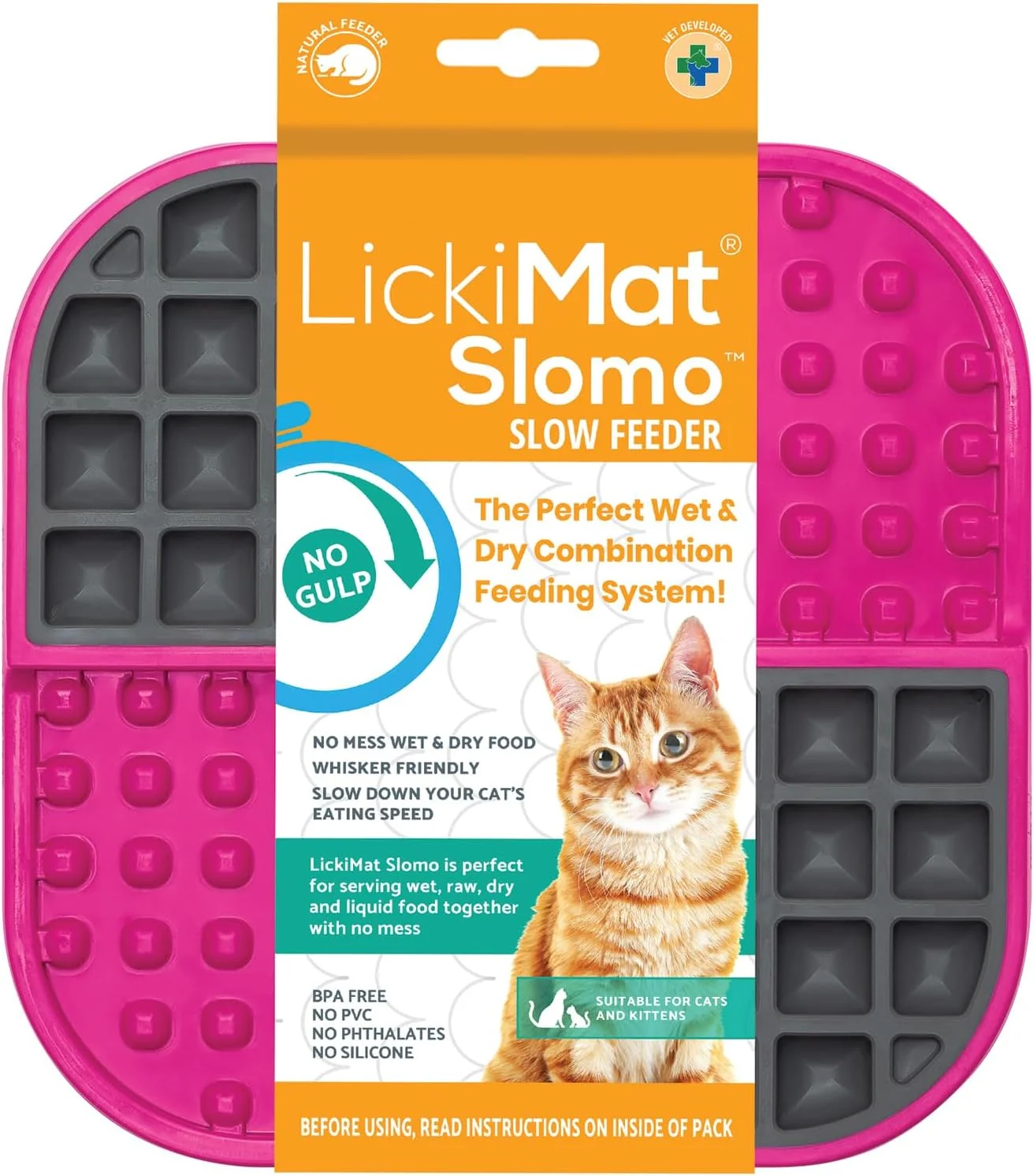 Safe LickiMat Slomo Cat Slow Feeder Lick Mat Boredom Anxiety Reducer for Food Treats Yogurt or Peanut Butter. Fun to a Slow Feed Cat Bowl or Dish Pink Smooth