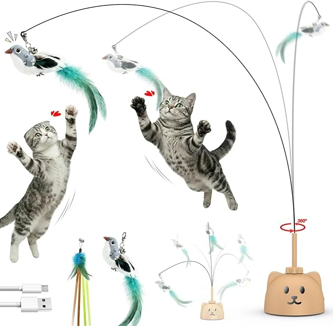 Carefully Designed Interactive Cat Toys for Indoor Cats Upgraded 360° Automatic Spin Flying Bird Feather Wand with Silicone Protected Rod Safe Play Strong 8cm Suction Cup USB-Rechargeable for Bored Kittens and AdultAbout This Advanced