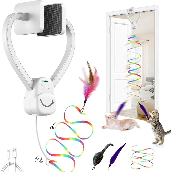 Authentic Interactive Cat Toys for Indoor Cats Automatic Hanging Electric Cat Teaser Door Frame Doorway Flying Bird Feather Mouse Wand Enrichment Chase Toy Safe Self Play for Bored Multi Cats HouseholdsAbout This Selected